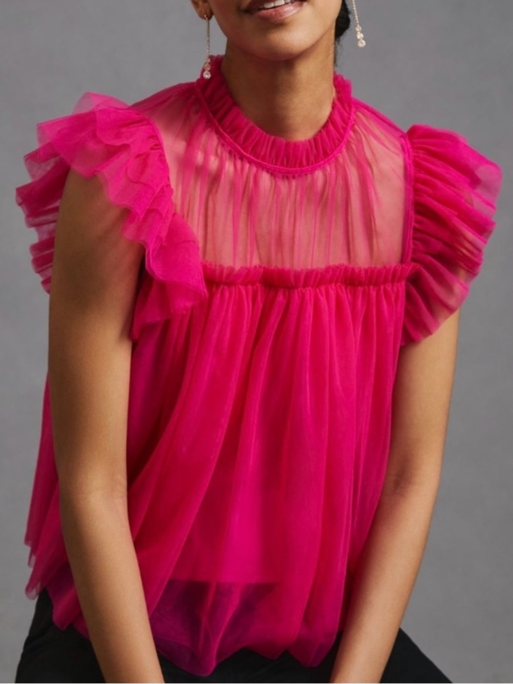 Sunday in Brooklyn Hot Pink Sheer Ruffled Sleeveless Blouse Medium